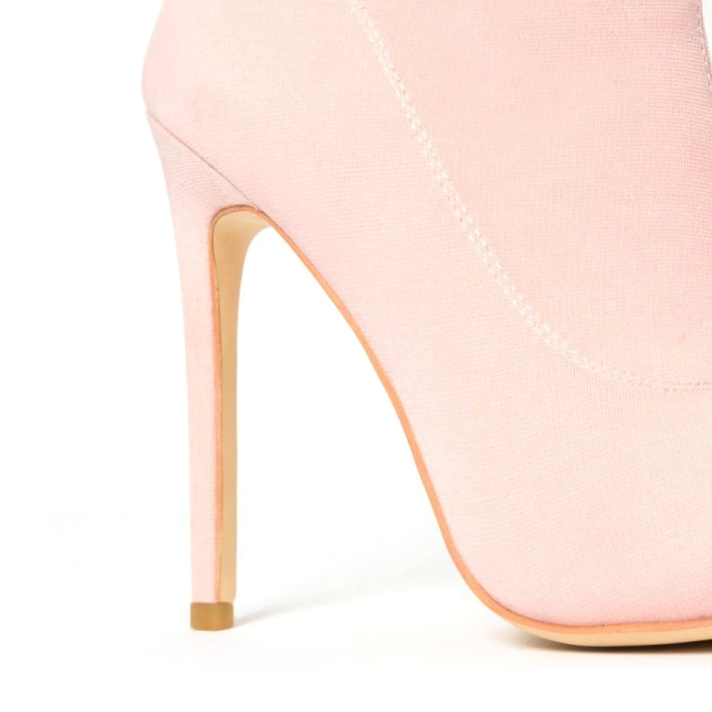 Spring Women Pink Short Boots Pointed Toe Stilettos High Heels