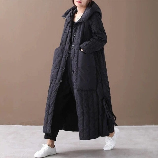 Long Coat For Women Winter Loose Large Size Hooded Big Pocket Single Breasted (down fabric) Elegant Literary Fashion Blouse - LiveTrendsX