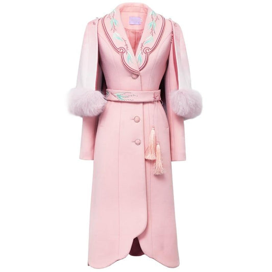 Women  Embroidered belt Slim Elegant pink long coats