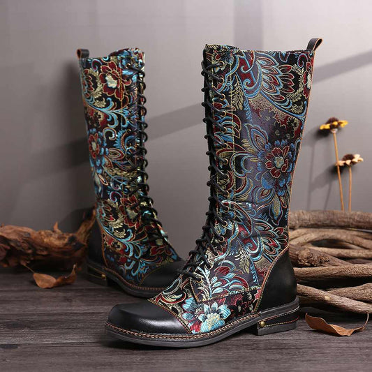 Flowers Pattern Colorful Stitching Elegant Zipper Lace Up Flat Mid Calf Boots Elegant Shoes Women Shoes Botas  Mujer - LiveTrendsX