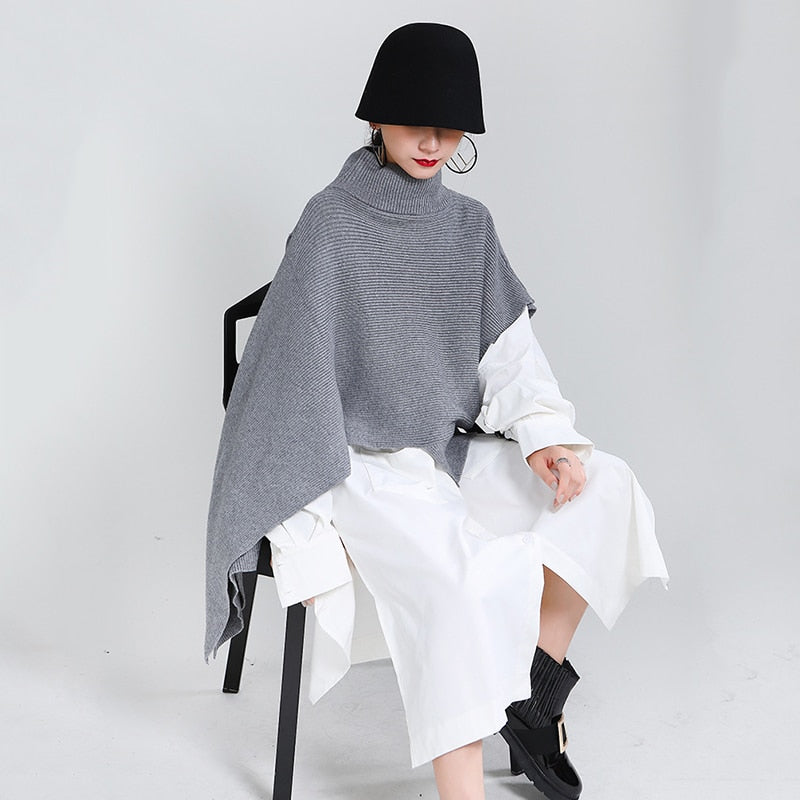 Irregular Big Size Knitting Sweater Poncho Loose Turtleneck