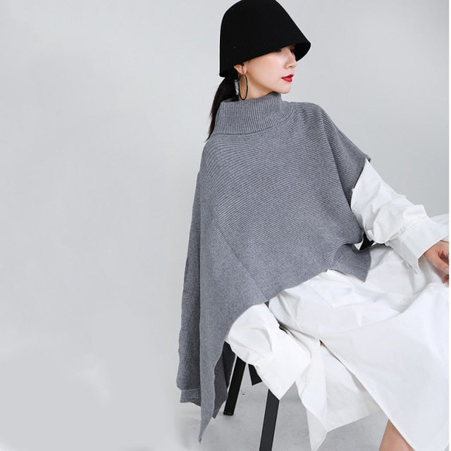 Irregular Big Size Knitting Sweater Poncho Loose Turtleneck
