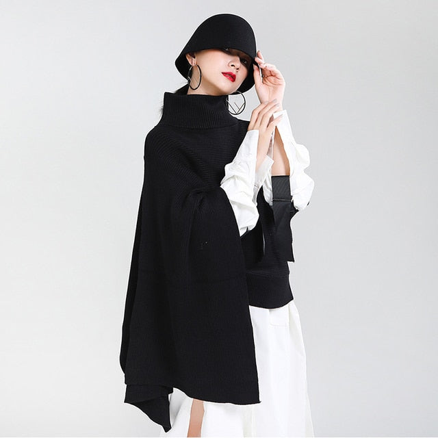 Irregular Big Size Knitting Sweater Poncho Loose Turtleneck