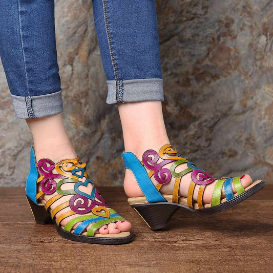 Hollow Sandals Genuine Leather Love Shape Soft Hook Loop Low Heel Sandals Ladies Shoes Women Shoes Elegant High Heels - LiveTrendsX