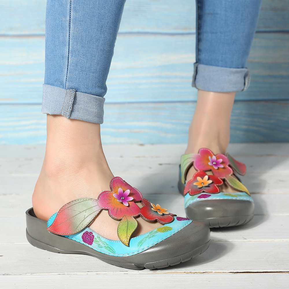 Genuine Leather Retro Splicing Flowers Pattern Stitching Adjustable Hook Loop Sandals Casual Vintage Flat Shoes Women New - LiveTrendsX