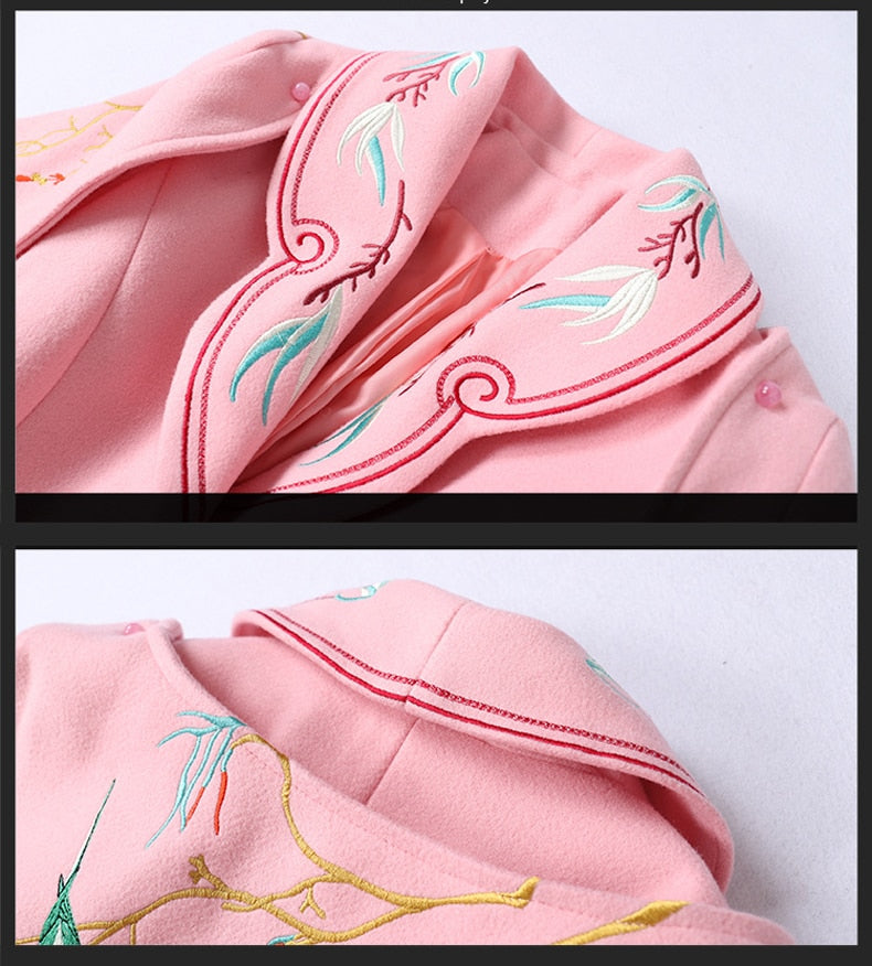 Women  Embroidered belt Slim Elegant pink long coats