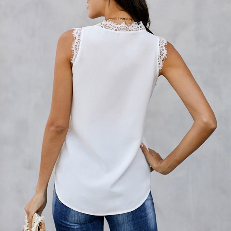 Chiffon Lace Patchwork Slim Sexy Tanks Women Solid V-Neck Sleeveless Loose Tank Tops Female 2020 Summer Fashion Ladies Clothes - LiveTrendsX