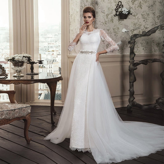 Beaded Crystal Waist Lace Long Sleeve With Removable Train Vestido De Noiva Renda Vintage Wedding Gowns - LiveTrendsX