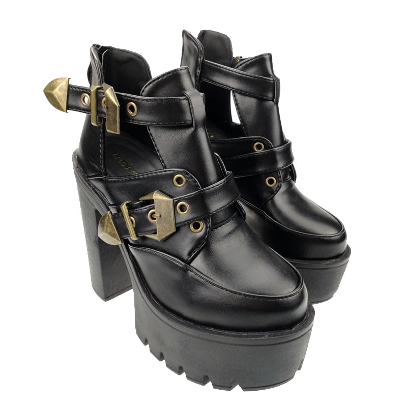 女性用 中空プラットフォーム アンクルブーツ シューズ ブラック