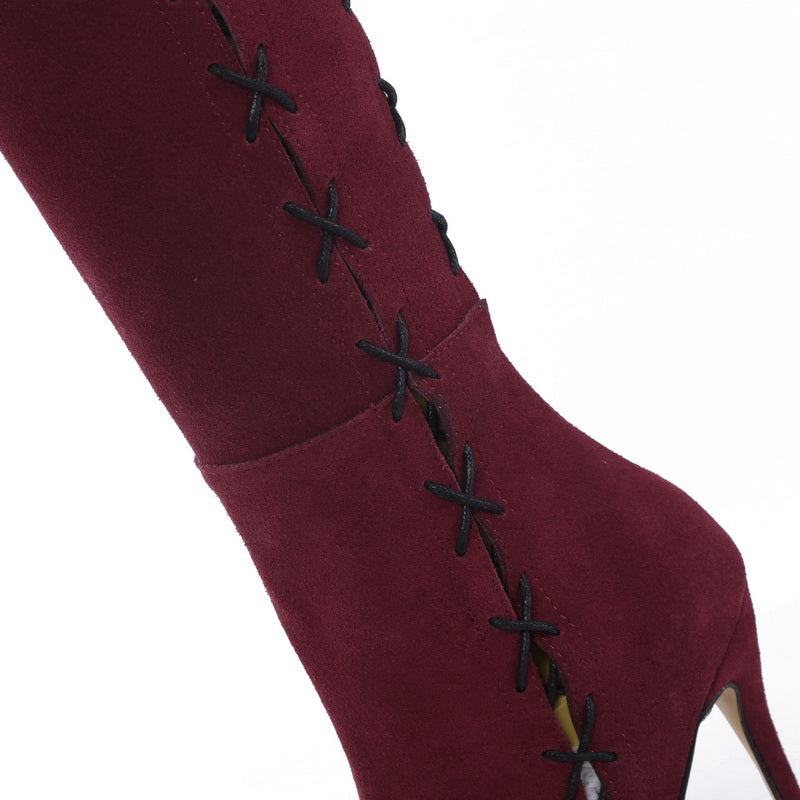 redwine genuine leather side lace-up thigh boots stiletto heels sexy autumn winter high booties - LiveTrendsX