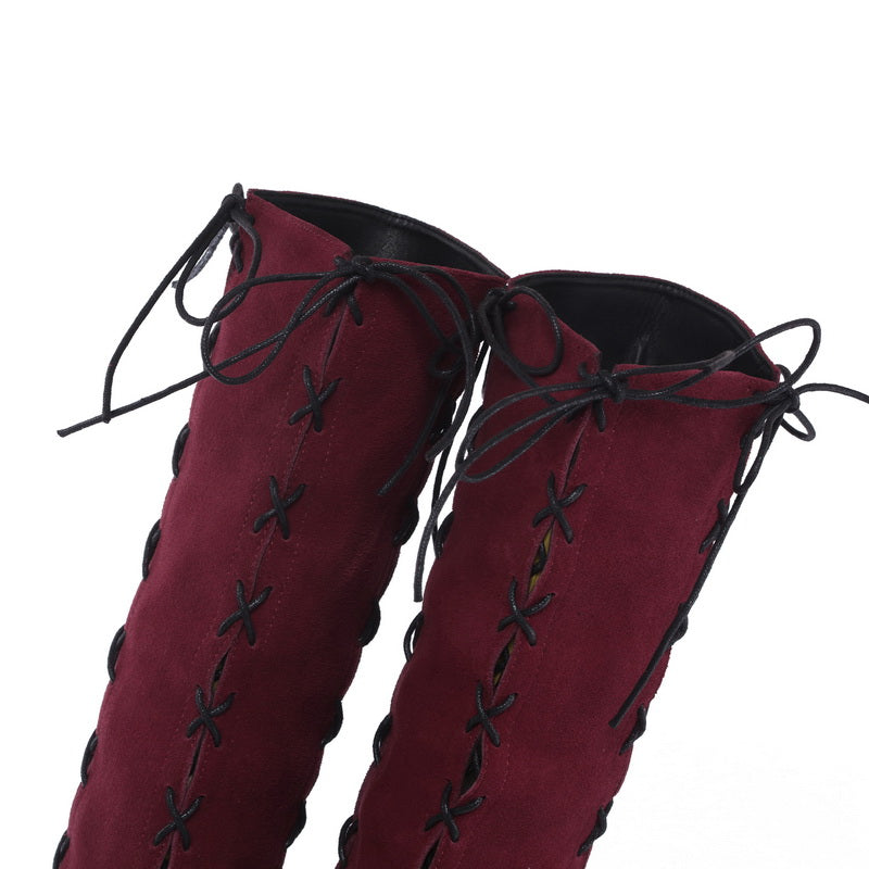 redwine genuine leather side lace-up thigh boots stiletto heels sexy autumn winter high booties - LiveTrendsX