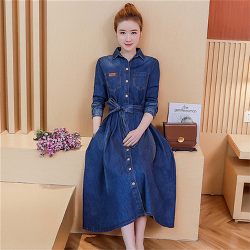 Spring and autumn style new Korean version of the lapel a-shaped mid-length long-sleeved fashion denim dress women - LiveTrendsX