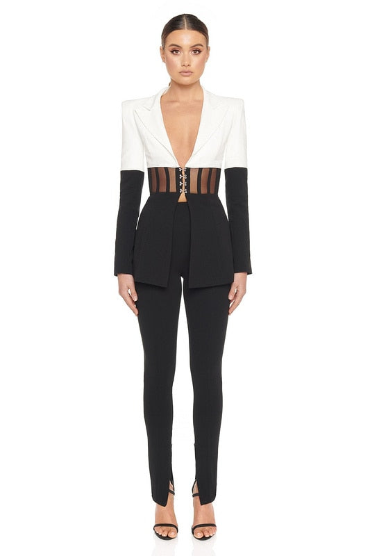 High Quality White Black Long Sleeve Hollow Out Bodycon 2 Pieces Set Fashion Set Evening Party Set