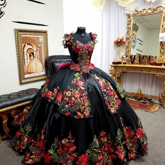 Black Applique Quinceanera Dresses Off Shoulder Crystal Beaded Ball Gowns Sweet 16 Dress Prom Dress - LiveTrendsX