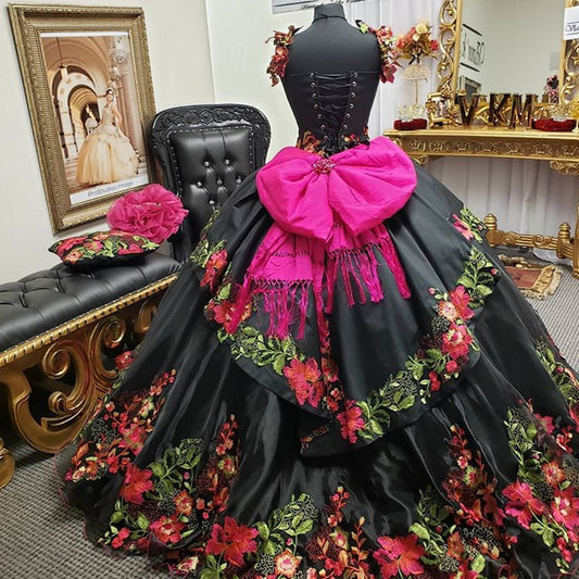 Black Applique Quinceanera Dresses Off Shoulder Crystal Beaded Ball Gowns Sweet 16 Dress Prom Dress - LiveTrendsX