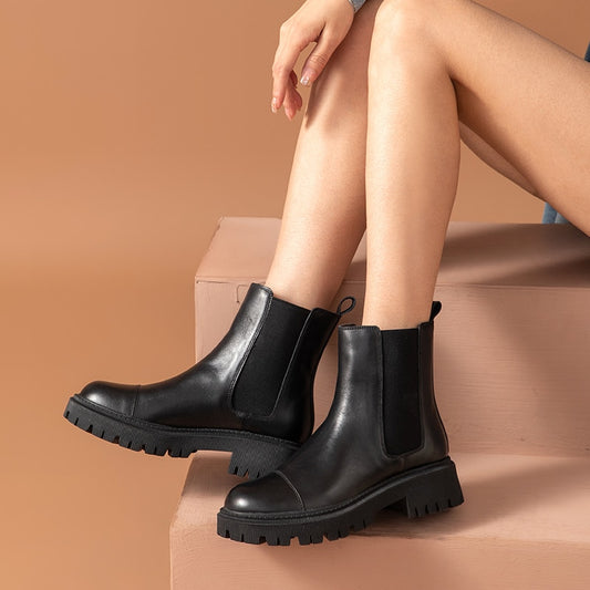 Ankle Boots Chelsea Women Genuine Cow Leather Platform Bootie Elastic Band Autumn Winter Ladies Shoes Handmade - LiveTrendsX