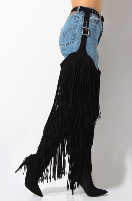 Fringe Belted Chaps Over The Knee Snakeskin Boots