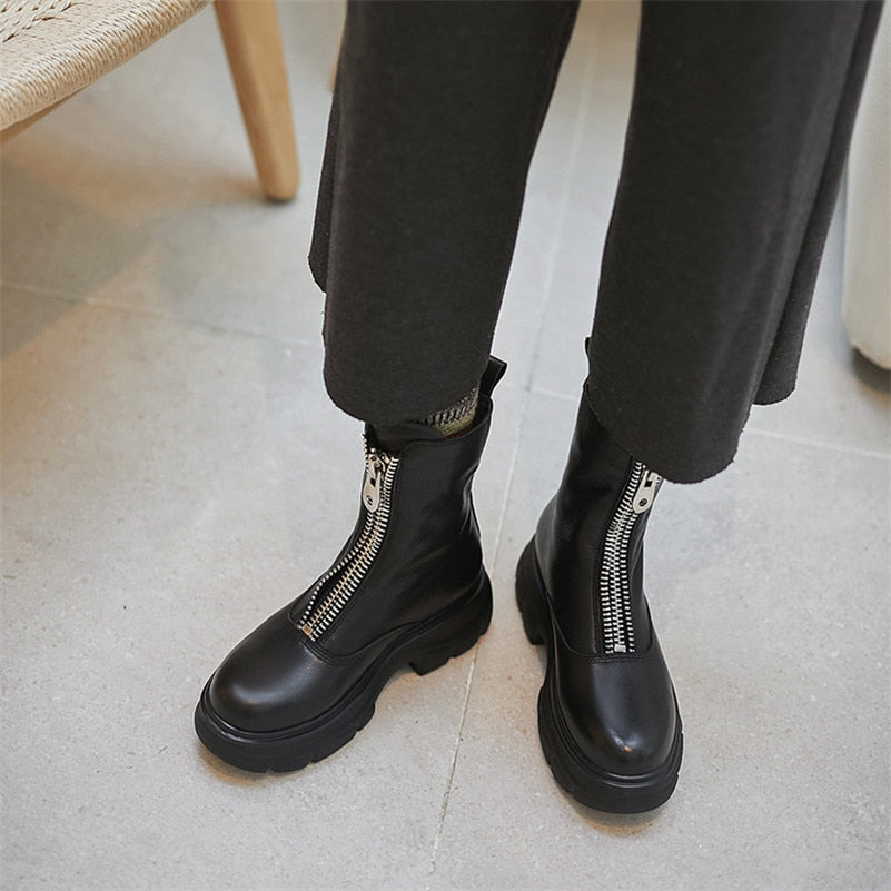 Genuine Leather Platform Flat Ankle Boots Women Shoes Round Toe Zipper Female Short Boots Autumn Winter Apricot Size 41 - LiveTrendsX