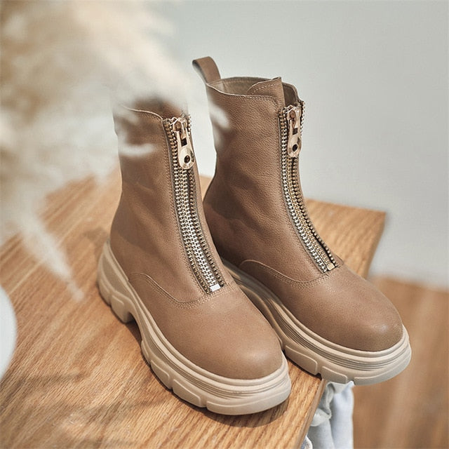 Genuine Leather Platform Flat Ankle Boots Women Shoes Round Toe Zipper Female Short Boots Autumn Winter Apricot Size 41 - LiveTrendsX