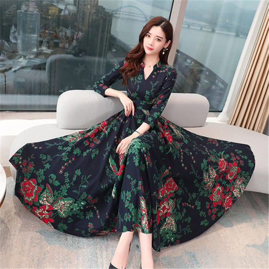 Long-sleeved dress female  spring new fashion temperament new V-neck print waist was thin and big swing long dress - LiveTrendsX