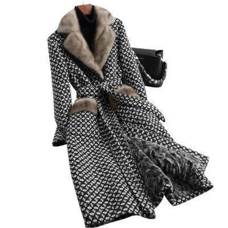 Women Wool Blends Coat  Plaid Double Breasted X Long Jacket Plus Size 5XL Office Lady Winter Warm Fur Collar Coats Female - LiveTrendsX