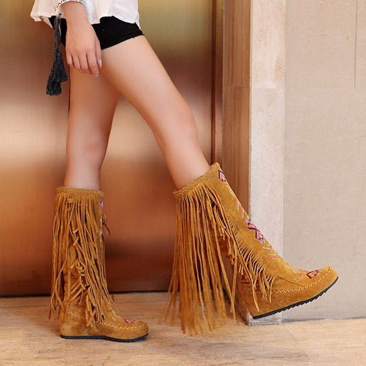 Fashion Flock Leather Women Flat  Long Boots