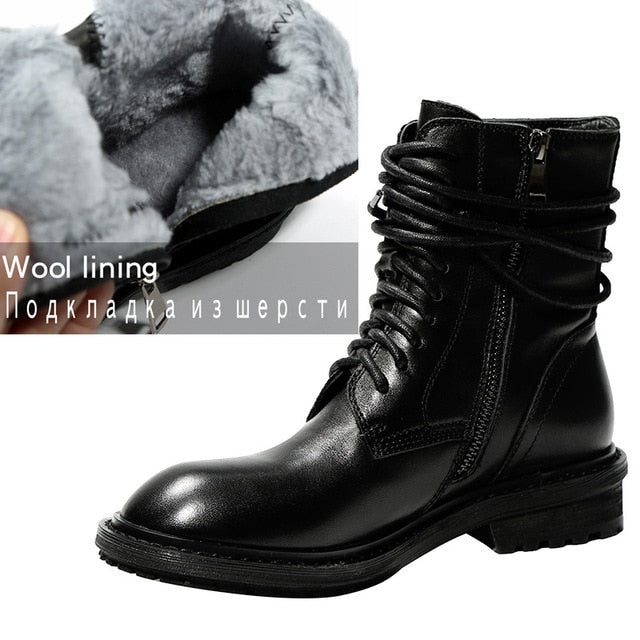 Genuine Cow Leather Martin boots women short boots British style knight boots thick heel flat snow boots Ankle boots - LiveTrendsX