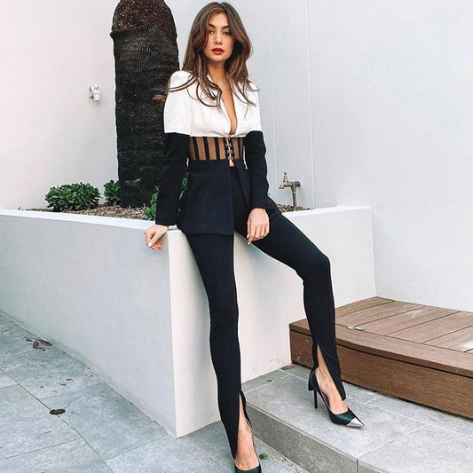 High Quality White Black Long Sleeve Hollow Out Bodycon 2 Pieces Set Fashion Set Evening Party Set