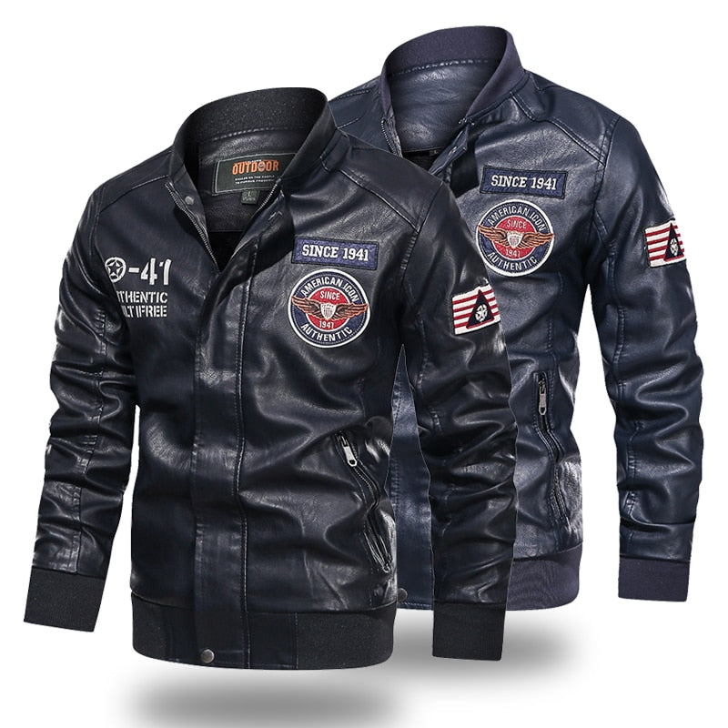 Leather Jacket Men Baseball Jacket Embroidered Pu Coats Men's Faux Bomber Pilot Fleece Jacket Man Stand Collar Biker Jacket Coat - LiveTrendsX