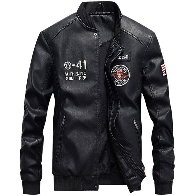 Leather Jacket Men Baseball Jacket Embroidered Pu Coats Men's Faux Bomber Pilot Fleece Jacket Man Stand Collar Biker Jacket Coat - LiveTrendsX