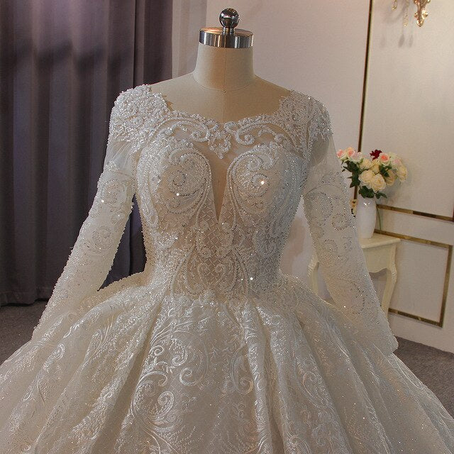 white wedding dress with long sleeves full beading - LiveTrendsX