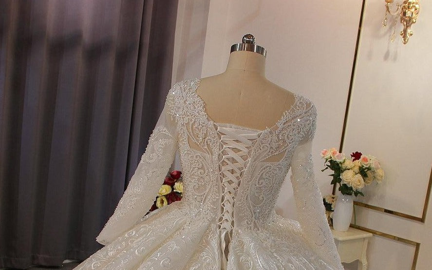 white wedding dress with long sleeves full beading - LiveTrendsX