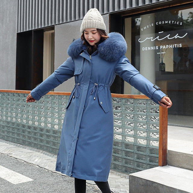 Fashion Solid Cotton Liner Parker Down Parkas New Long Hooded Winter Jacket Women Adjustable Waist Warm Fur Collar Coat - LiveTrendsX