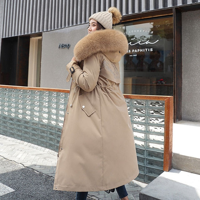 Fashion Solid Cotton Liner Parker Down Parkas New Long Hooded Winter Jacket Women Adjustable Waist Warm Fur Collar Coat - LiveTrendsX
