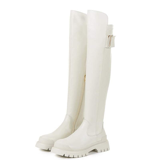 女性用高品質牛革プラットフォームサイハイブーツ