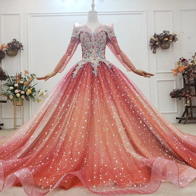 Crimson Beautiful Colorful Gems Appliques Crystal Red Evening Dress  Long Sleeve Ball Gowns - LiveTrendsX