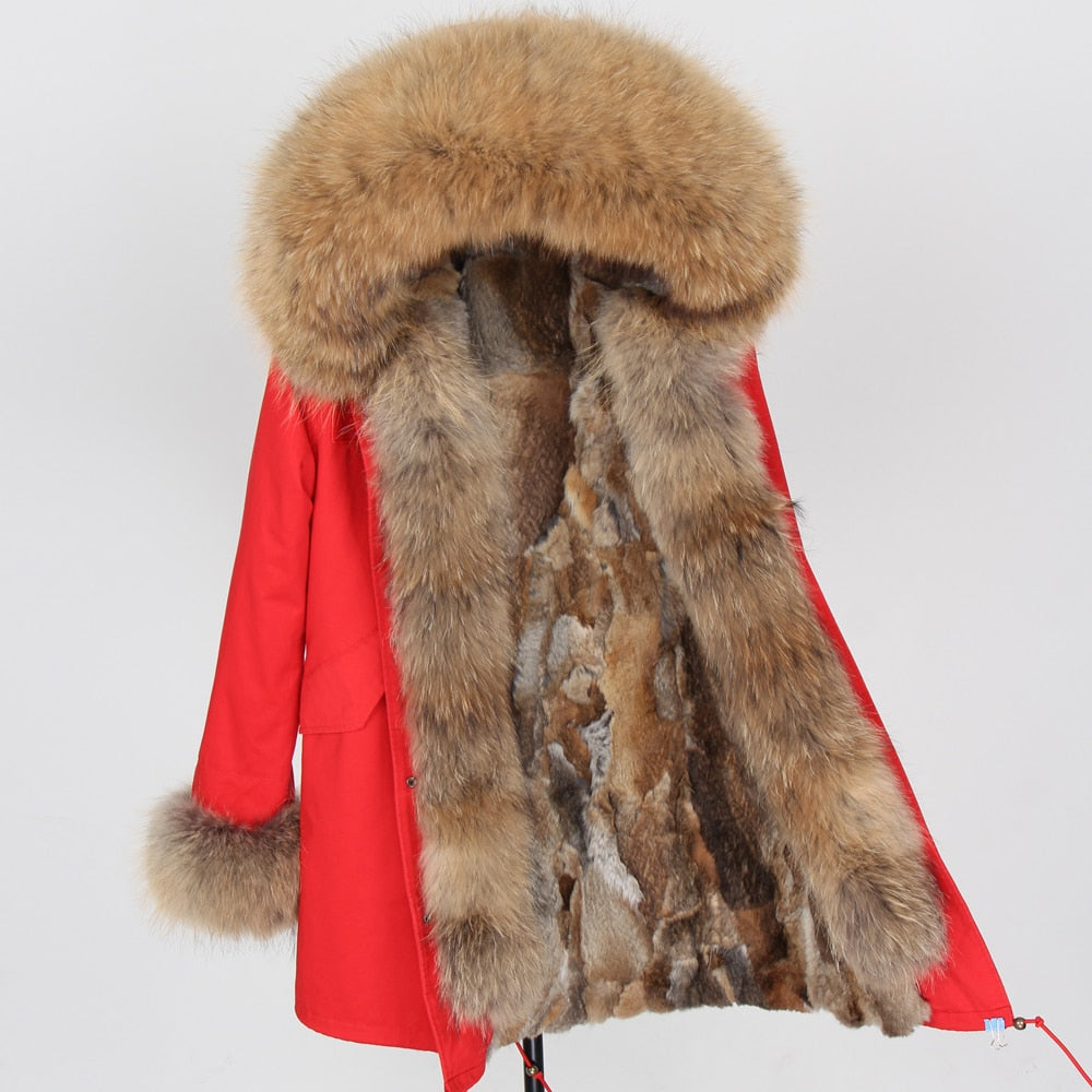 winter women real fur coat  long Rabbit fur lining hooded parka Large raccoon  fur collar warm coats  Star same style - LiveTrendsX