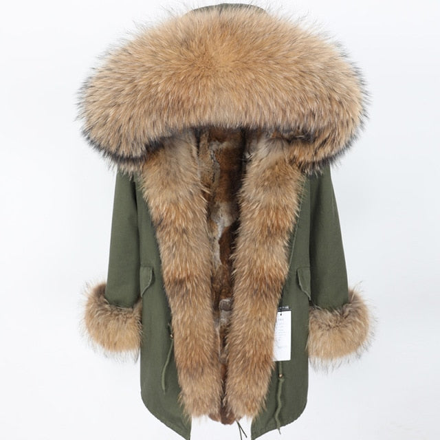 winter women real fur coat  long Rabbit fur lining hooded parka Large raccoon  fur collar warm coats  Star same style - LiveTrendsX