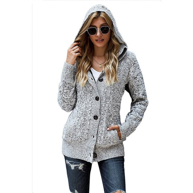 Women's Button Down Cable Knit Cardigans Fleece Hooded Zipper Sweater Coats with Pockets Long Sleeve Hat Hooded Cardigans - LiveTrendsX