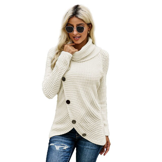 Turtleneck sweater women autumn and winter new long-sleeved hem asymmetric button-type pullover sweater women - LiveTrendsX