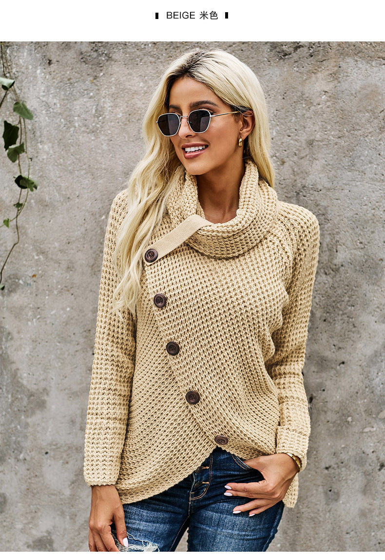 Turtleneck sweater women autumn and winter new long-sleeved hem asymmetric button-type pullover sweater women - LiveTrendsX