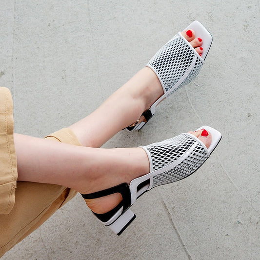 Genuine Leather Summer Party Elegant Women Shoes Air Mesh Woman Chunky Heel Sandals Shoes Woman - LiveTrendsX
