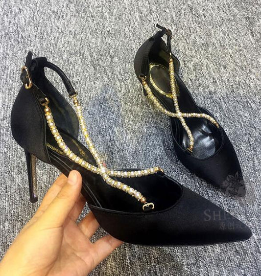 New rhinestone pearls cross strap woman wedding shoes pointed toe high heel satin woman pearls dress shoes wedding shoes white - LiveTrendsX
