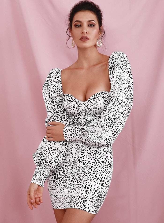 Sexy White Leopard Bubble Party Mini Dress - LiveTrendsX