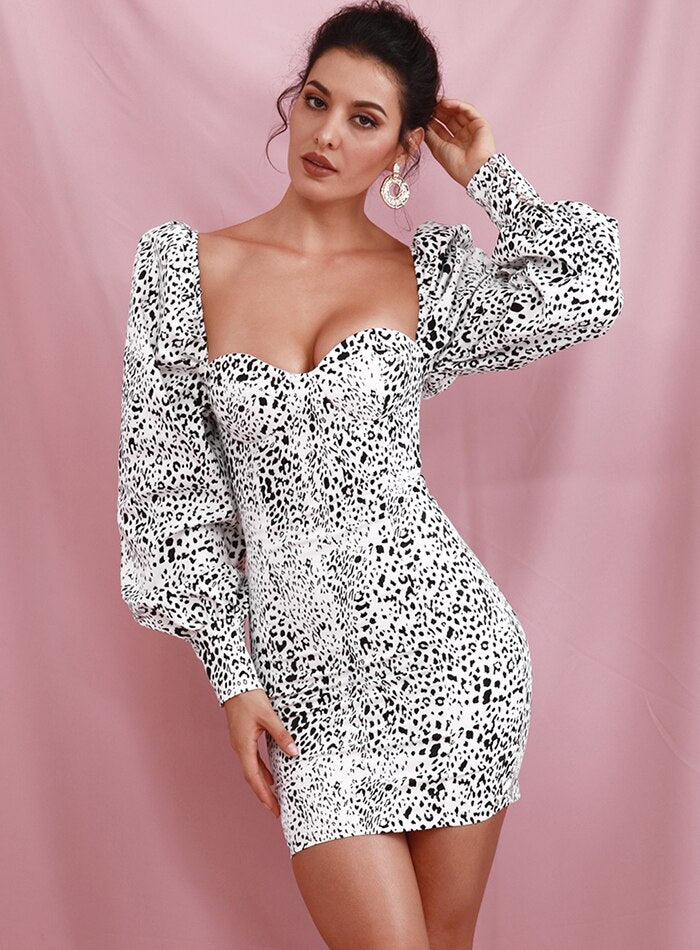 Sexy White Leopard Bubble Party Mini Dress - LiveTrendsX