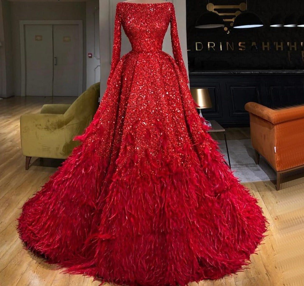 Dubai Red Sexy A-Line Luxury Evening Dresses  Long Sleeves Sequins Feathers Formal Dress - LiveTrendsX