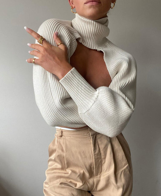 Female Sweater Solid High Collar Long Puff Sleeve Knitwear Pullover for Women Apring Autumn Halter Top - LiveTrendsX