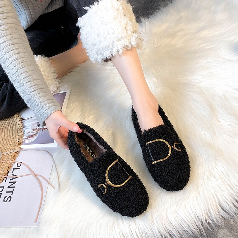 Maxi Size 33-43 Women Flat Shoes Platform Soft Comfortable D Buckle 2020 Winter Warm Wool Plush Fur Women Moccasins Flats - LiveTrendsX