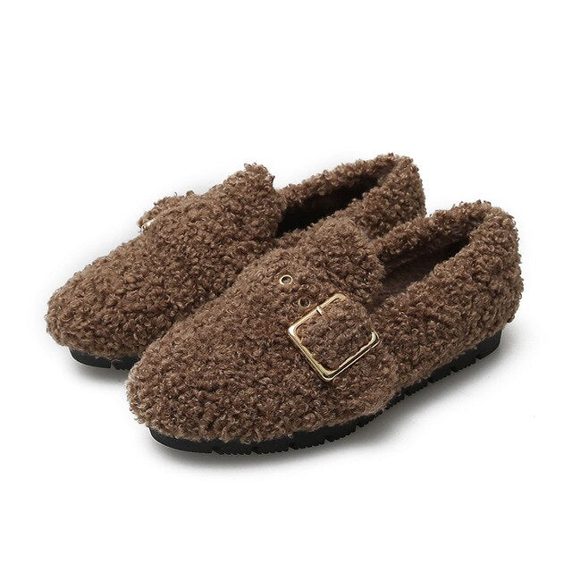 Maxi Size 33-43 Women Flat Shoes Platform Soft Comfortable D Buckle 2020 Winter Warm Wool Plush Fur Women Moccasins Flats - LiveTrendsX