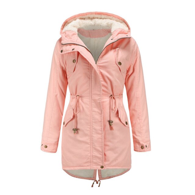 Jacket Autumn and winter new women solid color hooded drawstring waistband thickened cotton Parkas Ladies Coat - LiveTrendsX